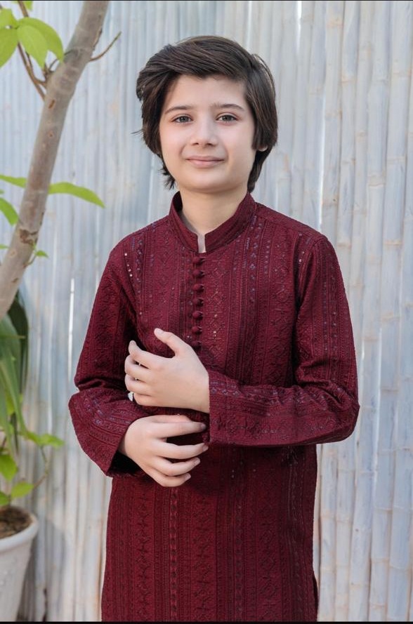 Maroon Embroidered Kids Kurta