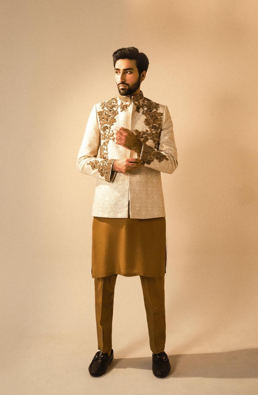 Ivory Gold-Embroidered Waist Jacket Set