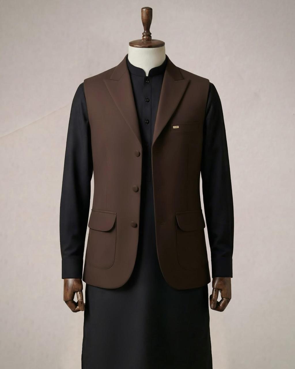 Brown Lapel Waistcoat over Black Kurta