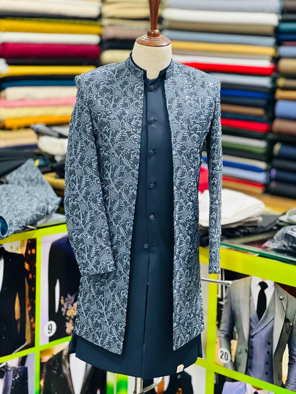 Slate Blue Vine-Embroidered Sherwani